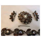Vintage Rhinestone Brooch, Earrings, and Bracelet Jewelry Set