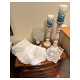 Assortment of Vintage Candle Holders, Frosted Vase, and Lace Linens