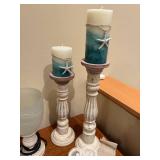 Assortment of Vintage Candle Holders, Frosted Vase, and Lace Linens