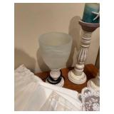 Assortment of Vintage Candle Holders, Frosted Vase, and Lace Linens