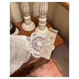 Assortment of Vintage Candle Holders, Frosted Vase, and Lace Linens
