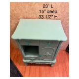 Vintage Wooden Side Table with Decorative Drawers and Door