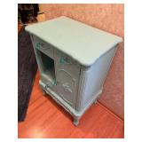 Vintage Wooden Side Table with Decorative Drawers and Door