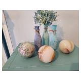 Set of 3 Decorative Vases with Floral Accents and 3 Stone Spheres