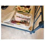 Collection of Sewing and Crochet Magazines, Crafting Supplies, and Handbags