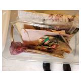 Collection of Sewing and Crochet Magazines, Crafting Supplies, and Handbags