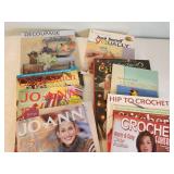 Collection of Sewing and Crochet Magazines, Crafting Supplies, and Handbags