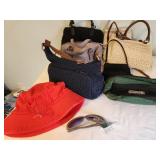 Collection of 5 Handbags with Red Bucket Hat and Sunglasses