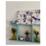 Decorative Wall Shelf with Bird Figurines and Floral Vases