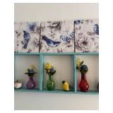 Decorative Wall Shelf with Bird Figurines and Floral Vases