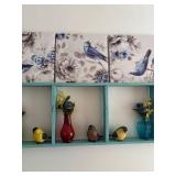 Decorative Wall Shelf with Bird Figurines and Floral Vases
