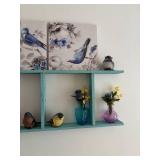 Decorative Wall Shelf with Bird Figurines and Floral Vases
