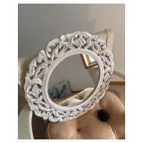 White Office Chair with Beige Cushion and Ornate Mirror