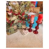 Decorative Lot: Floral Arrangements, Candle Holders, and Heart Ornament