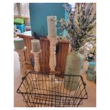 Set of 3 Distressed White Candle Holders, Large Green Vase, and Wire Basket