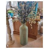 Set of 3 Distressed White Candle Holders, Large Green Vase, and Wire Basket