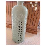 Set of 3 Distressed White Candle Holders, Large Green Vase, and Wire Basket