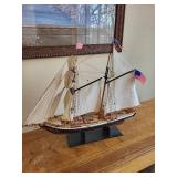Vintage Ship Model with Detailed Sails and Wooden Base