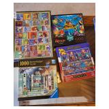 Collection of DVDs, Puzzles, and Storage Ottoman