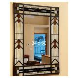 Stained Glass Wall Mirror with Decorative Frame - 34x50 Inches