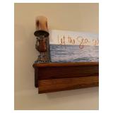 Wooden Wall Shelf with Decorative Candle Holders and Inspirational Canvas Art