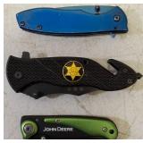 3 Foldable Pocket Knives - (1) Blue - 3CR13 Steel Blade (1) Sheriff Knife (1) John Deere Knife (View Photos)
