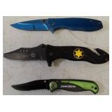 3 Foldable Pocket Knives - (1) Blue - 3CR13 Steel Blade (1) Sheriff Knife (1) John Deere Knife (View Photos)