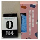 NEW (1) M4 Smart Bracelet - HD Color Screen / Message View / 45 Day Battery Life & (1) Silicone Storage Collapsible Water Bottle - Blue Bottle with Black Lid (View Photos for more Details)
