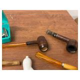 Lot of vintage pipes and razors including a 1955 Missouri Lions Corncob Pipe