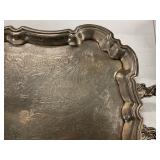 Silver plated serving tray with handles.