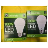 Lot of 8 LED Greenlite 100W Equivalent Light Bulbs (4 packs in each of the two boxes): New