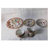 Set of 5 Vintage Japanese Porcelain Dishware with Hand-Painted Designs