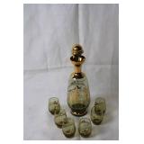 Vintage Green and Gold Decanter Set with 6 Glasses