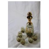 Vintage Green and Gold Decanter Set with 6 Glasses