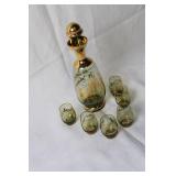 Vintage Green and Gold Decanter Set with 6 Glasses