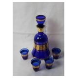 Vintage Blue and Gold Moroccan Style Decanter with 4 Matching Glasses
