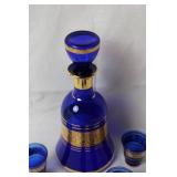 Vintage Blue and Gold Moroccan Style Decanter with 4 Matching Glasses