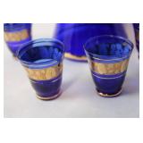 Vintage Blue and Gold Moroccan Style Decanter with 4 Matching Glasses