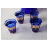 Vintage Blue and Gold Moroccan Style Decanter with 4 Matching Glasses