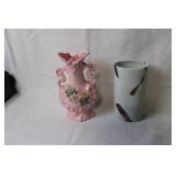 Pair of Decorative Vases: Pink Floral Ceramic and Abstract Cylinder