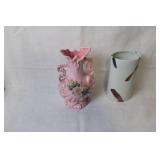 Pair of Decorative Vases: Pink Floral Ceramic and Abstract Cylinder