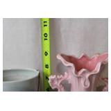 Pair of Decorative Vases: Pink Floral Ceramic and Abstract Cylinder