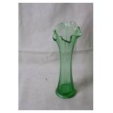 Elegant Vintage Green Glass Vase with Fluted Design