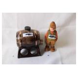 Vintage Hand-Carved Wooden Figure and Decorative Barrel Set