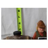 Vintage Hand-Carved Wooden Figure and Decorative Barrel Set