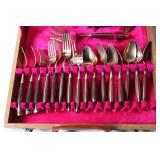 Complete Set of Vintage Stainless Steel Cutlery with Wooden Handles in Box