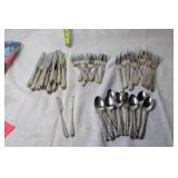 Set of 41 Mixed Silver Flatware Pieces Including Forks, Knives, and Spoons