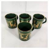 Lot Of Four Holiday Coffee Cups/Mugs With Gold Reindeer And Gold On Rim