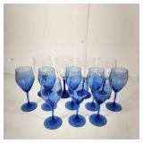 Lot Of Twelve Wine Glasses 4 Larger And Eight Smaller Blue/Clear Glass Excellent Condition