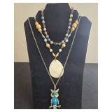 Set of Jewelry with Gemstone Owl Necklace, Beaded Necklace, and Gold-Toned Bracelet - display not inc